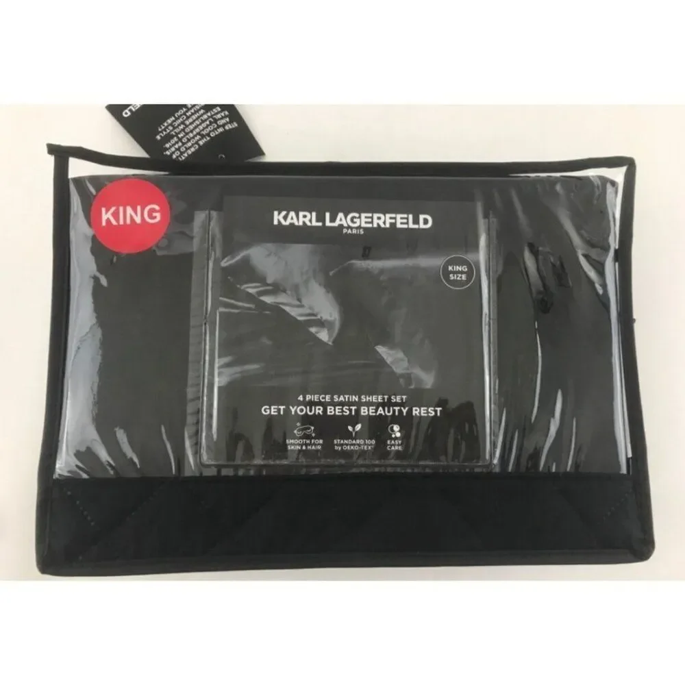Karl Lagerfeld Black 4 Piece Satin King Sheet Set New